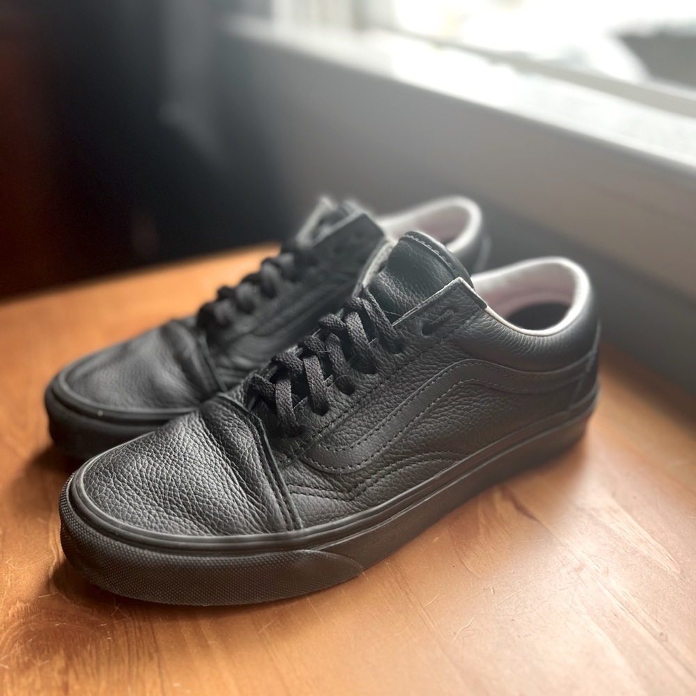Black on Black Leather Old School Vans